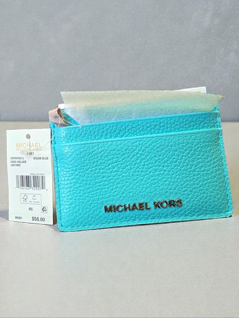 NWT Michael Kors Turquoise Pebbled Leather Slim Card Holder with Gold Accent